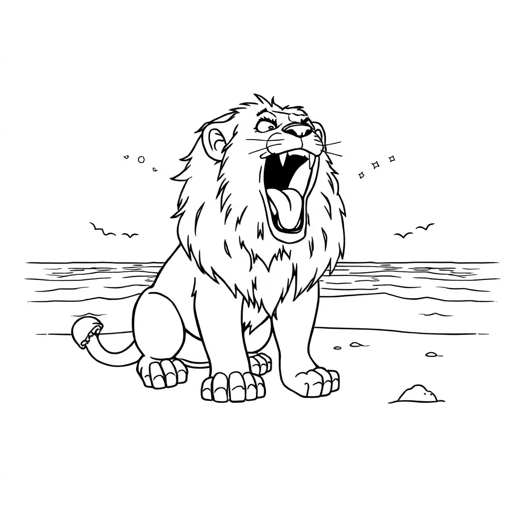 Lions a roaring lion on the beach — classic lions coloring page (ages 5–10)