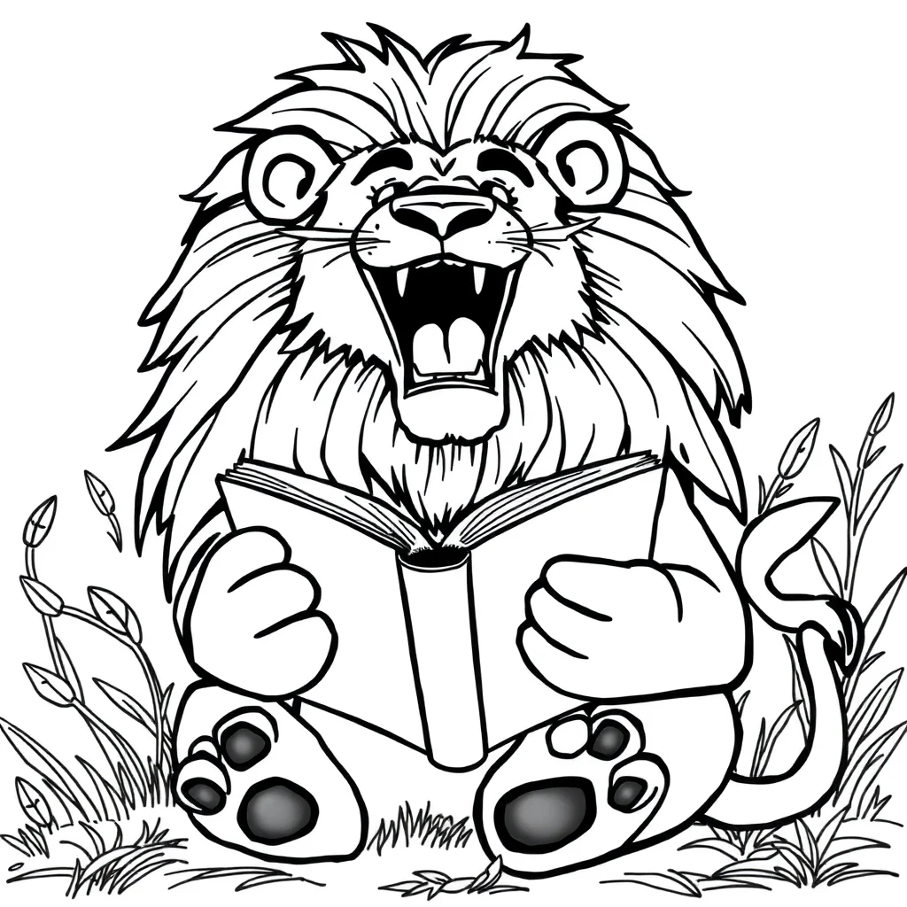 Lions a roaring lion reading a book — classic lions coloring page (ages 5–10)