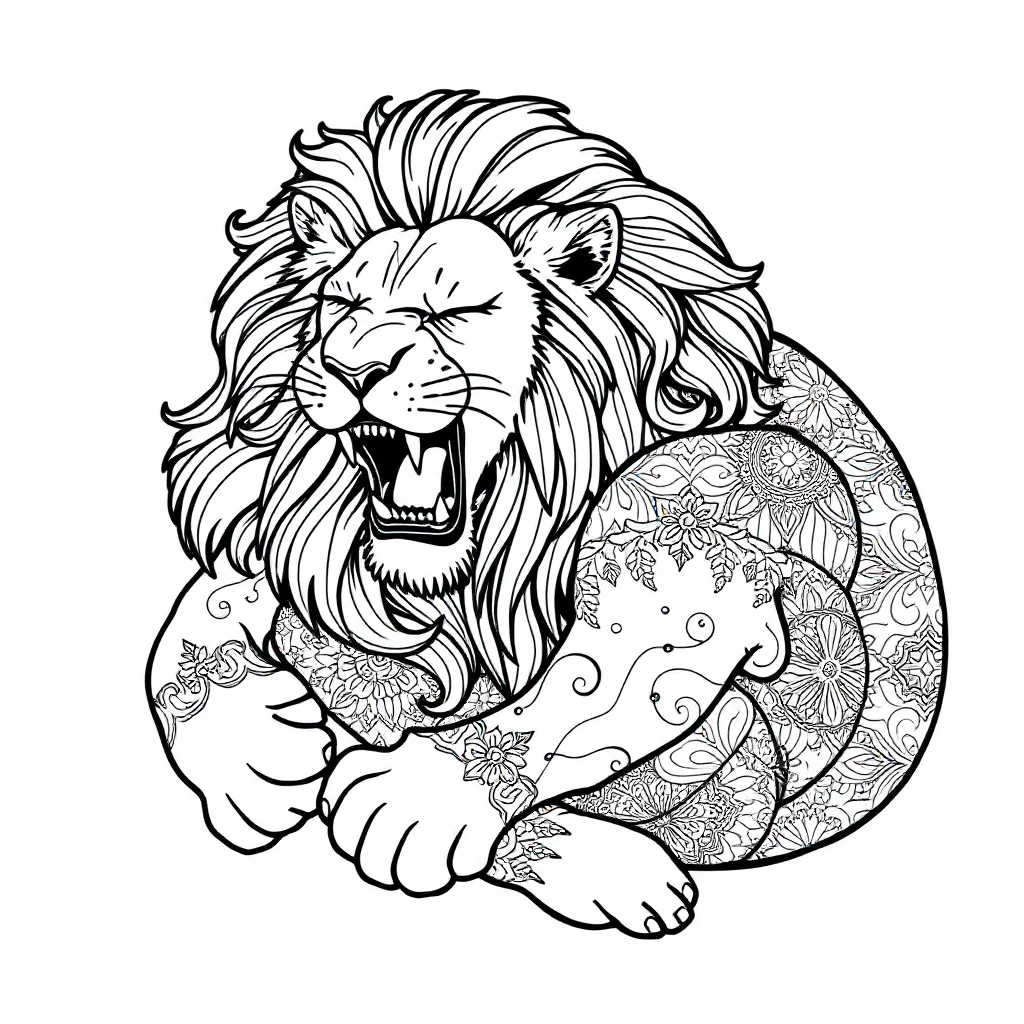 Lions a roaring lion sleeping curled up — detailed lions coloring page (ages 9+ & adults)