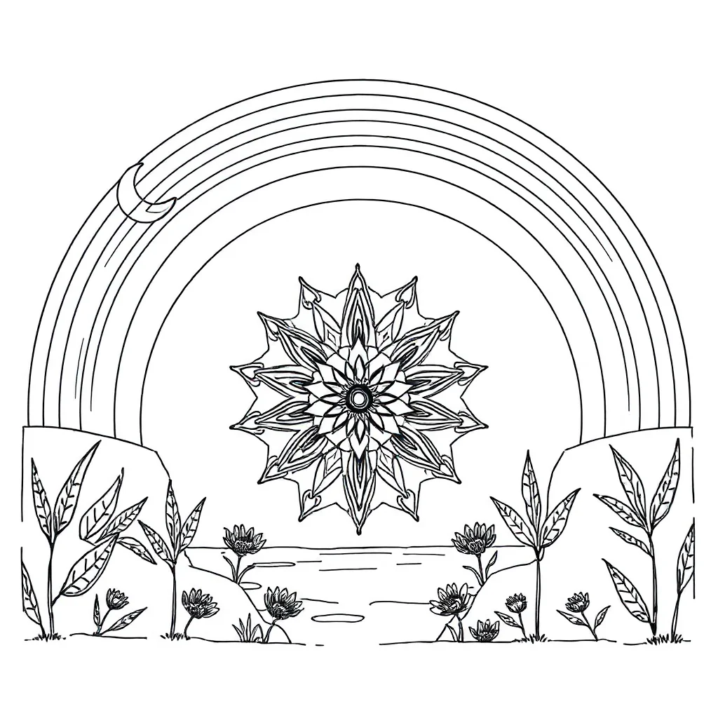 Mandalas a geometric mandala under a rainbow — classic mandalas coloring page (ages 5–10)