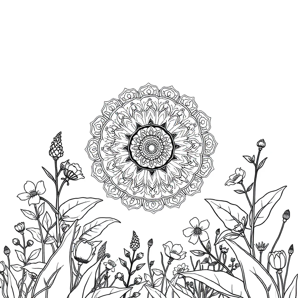 Mandalas an intricate mandala in a flower garden — classic mandalas coloring page (ages 5–10)