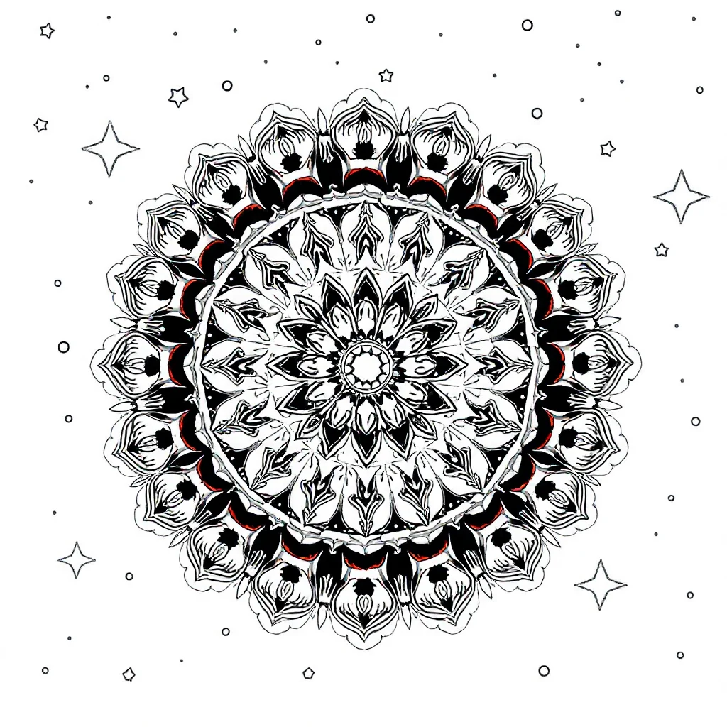 Mandalas an ornamental mandala under the night sky with stars — detailed mandalas coloring page (ages 9+ & adults)