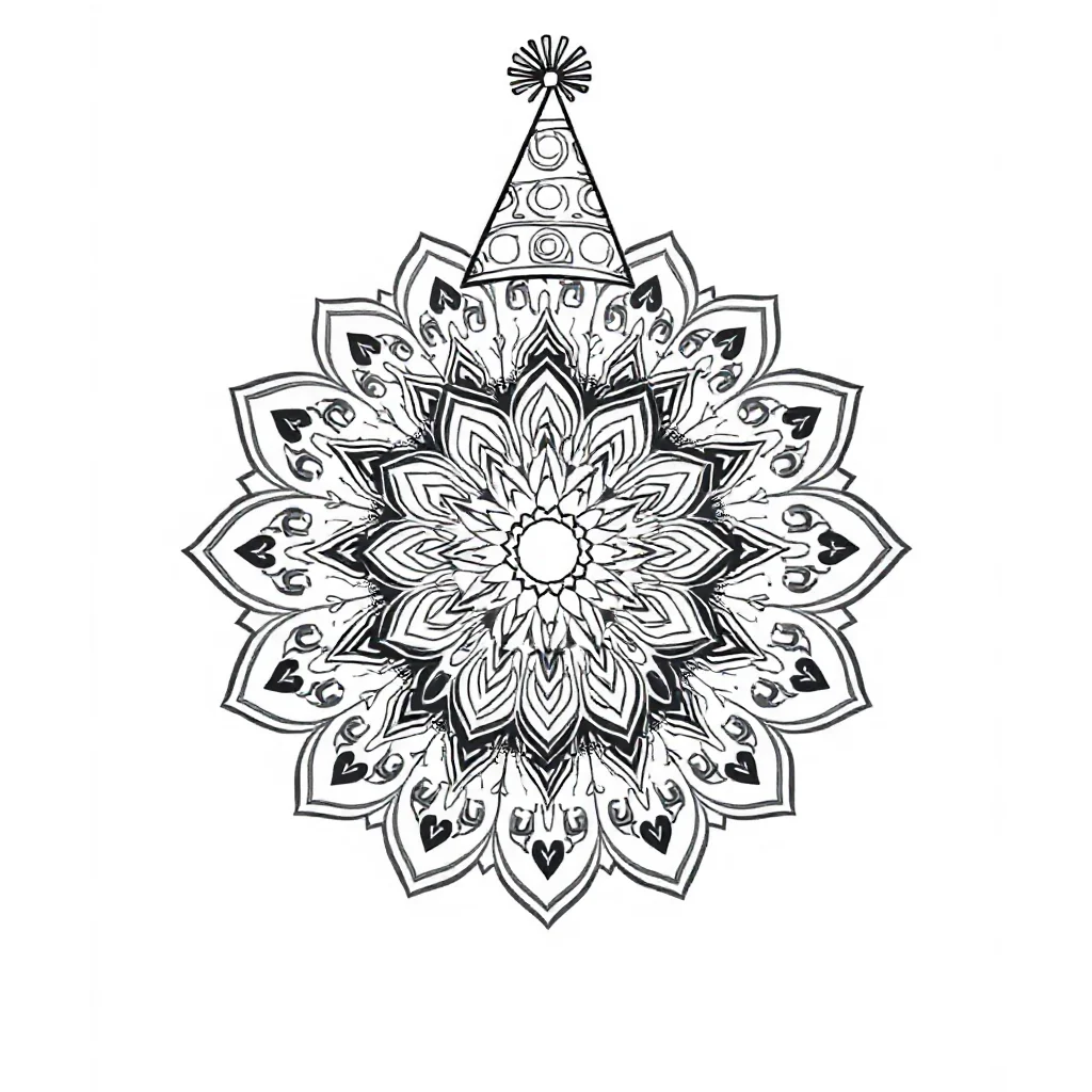 Mandalas an ornamental mandala wearing a party hat — classic mandalas coloring page (ages 5–10)