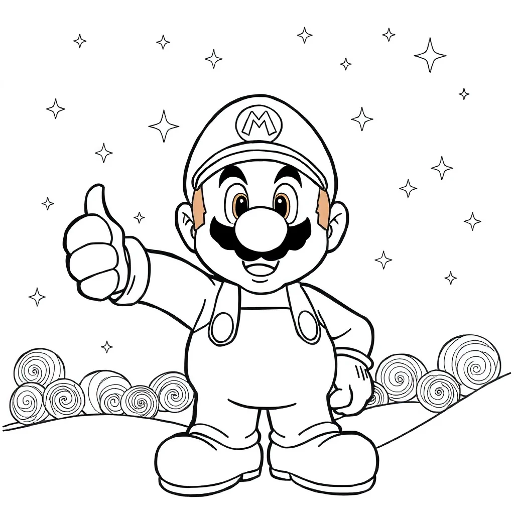 Mario super mario giving a thumbs up under the night sky with star — detailed super mario coloring page (ages 9+ & adults)