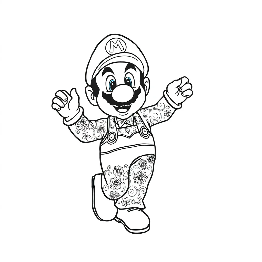 Mario super mario holding a mushroom dancing — detailed super mario coloring page (ages 9+ & adults)