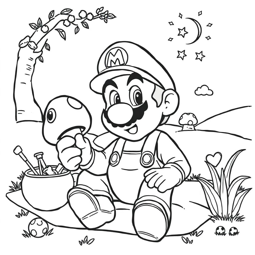 Mario super mario holding a mushroom having a picnic — classic super mario coloring page (ages 5–10)