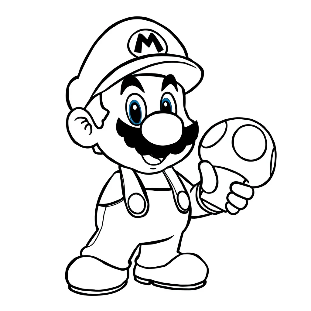 Mario super mario holding a mushroom — easy super mario coloring page (ages 2–5)