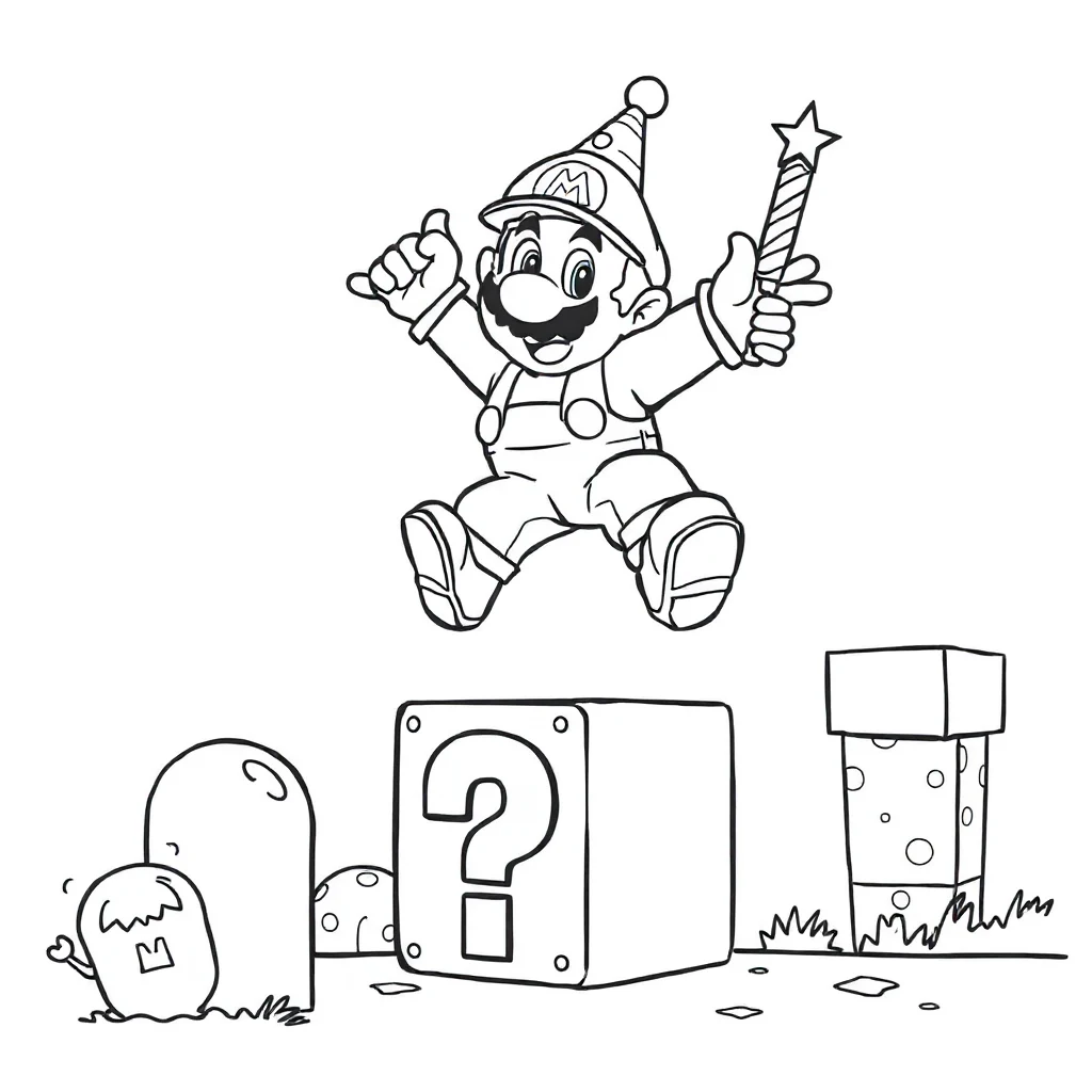 Mario super mario jumping on a question block celebrating a birthd — classic super mario coloring page (ages 5–10)