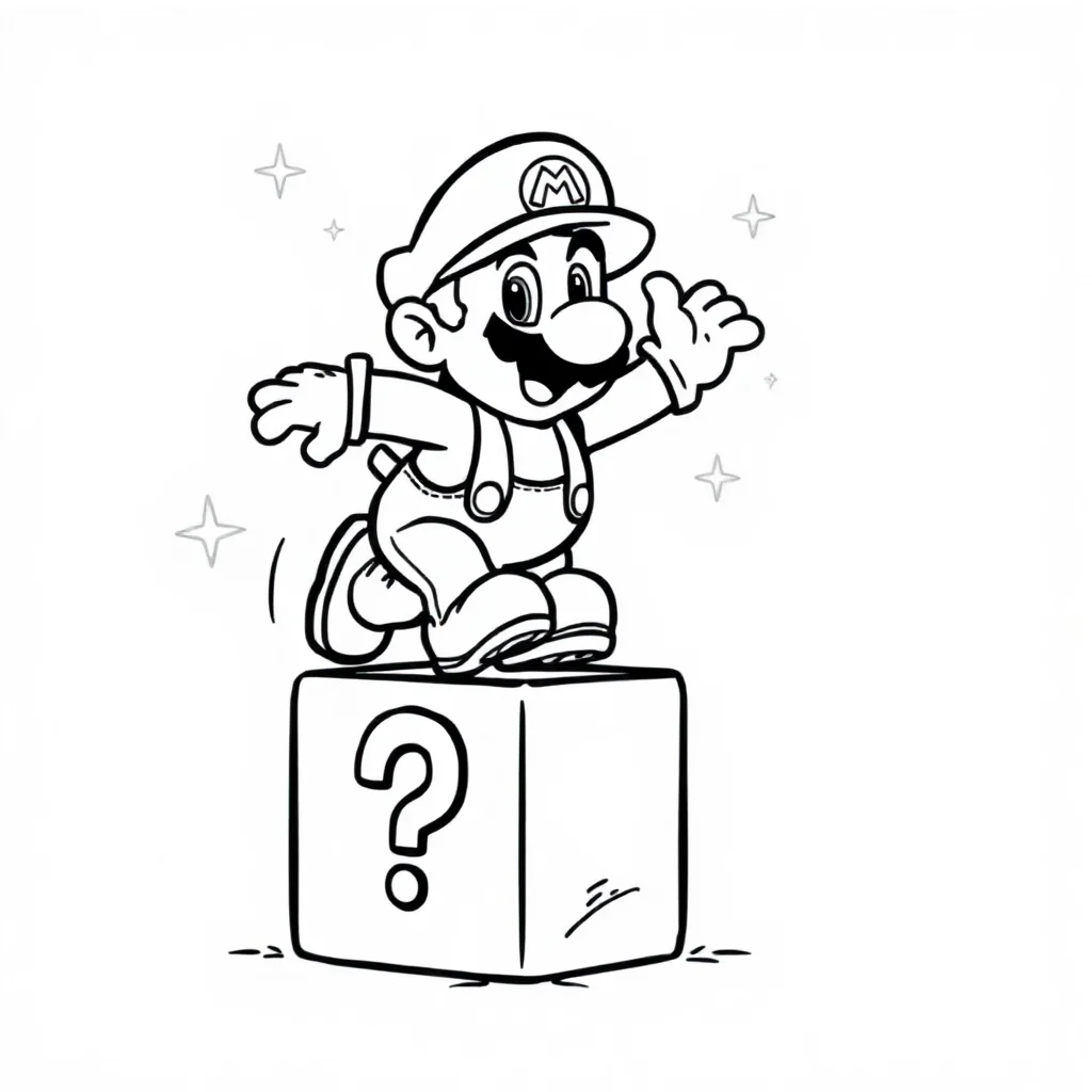 Mario super mario jumping on a question block — easy super mario coloring page (ages 2–5)