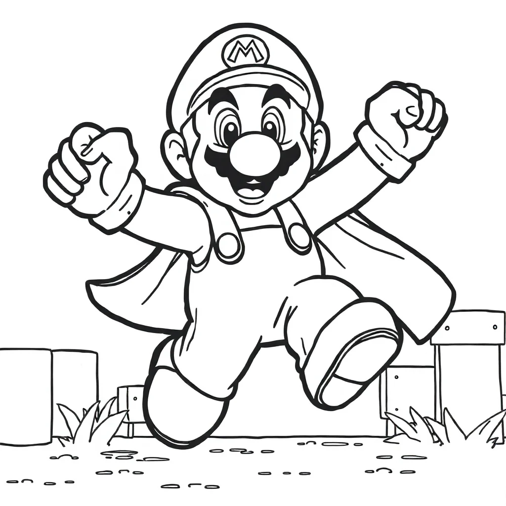 Mario super mario jumping with his fist up in a superhero cape — classic super mario coloring page (ages 5–10)