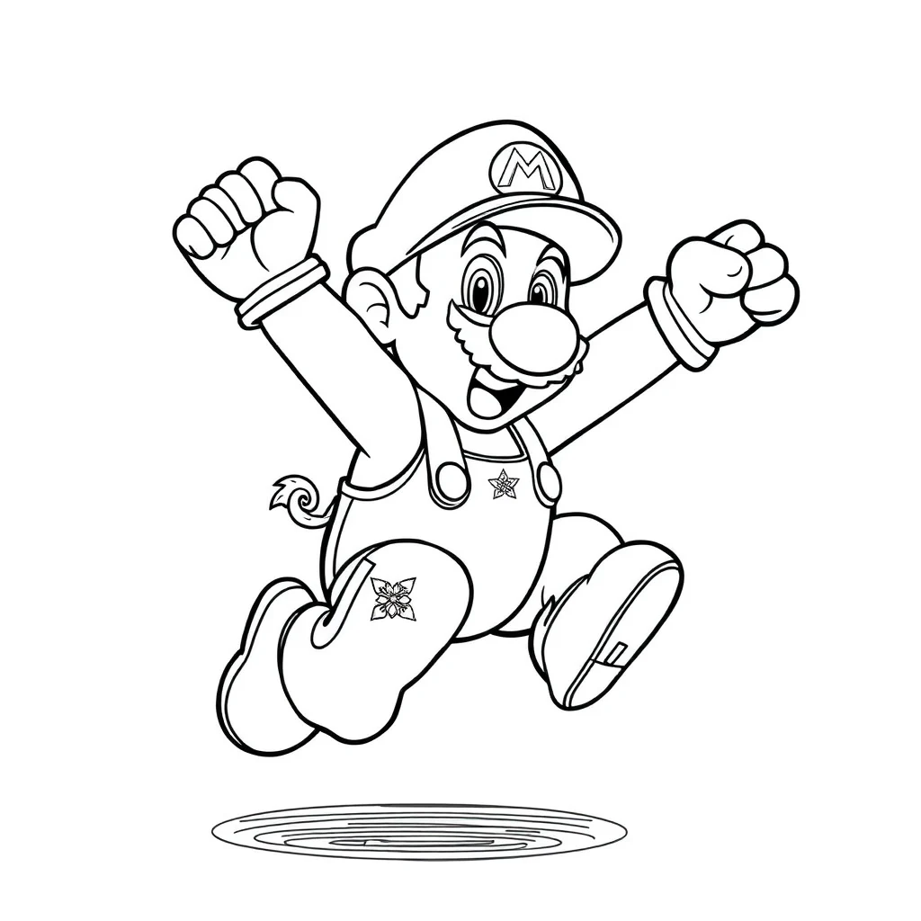 Mario super mario jumping with his fist up sitting — detailed super mario coloring page (ages 9+ & adults)