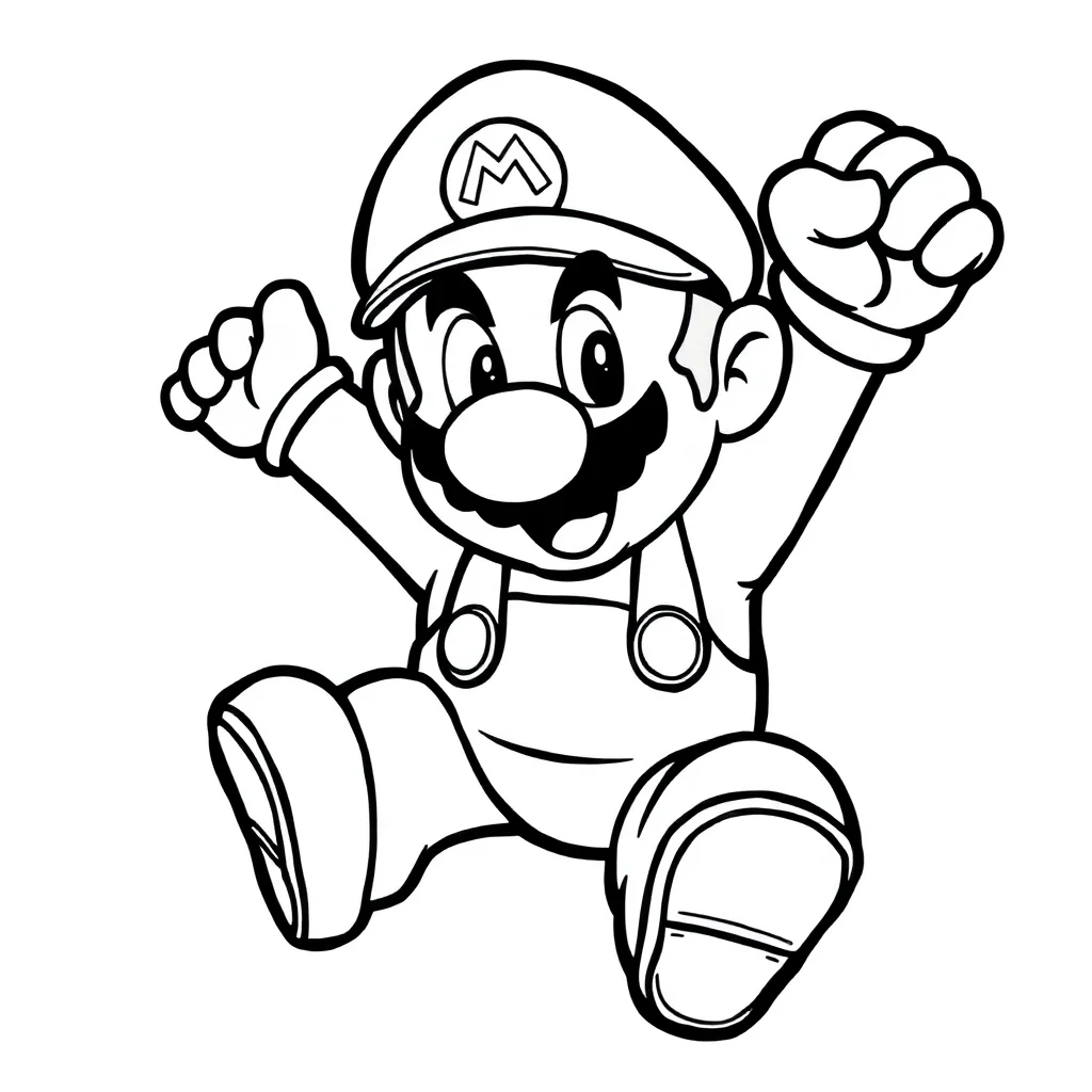 Mario super mario jumping with his fist up — easy super mario coloring page (ages 2–5)