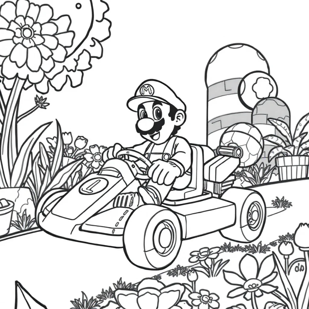 Mario super mario riding in a kart in a flower garden — classic super mario coloring page (ages 5–10)