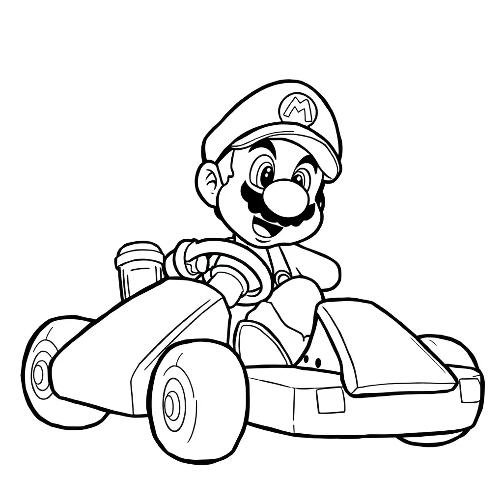 Mario super mario riding in a kart — easy super mario coloring page (ages 2–5)