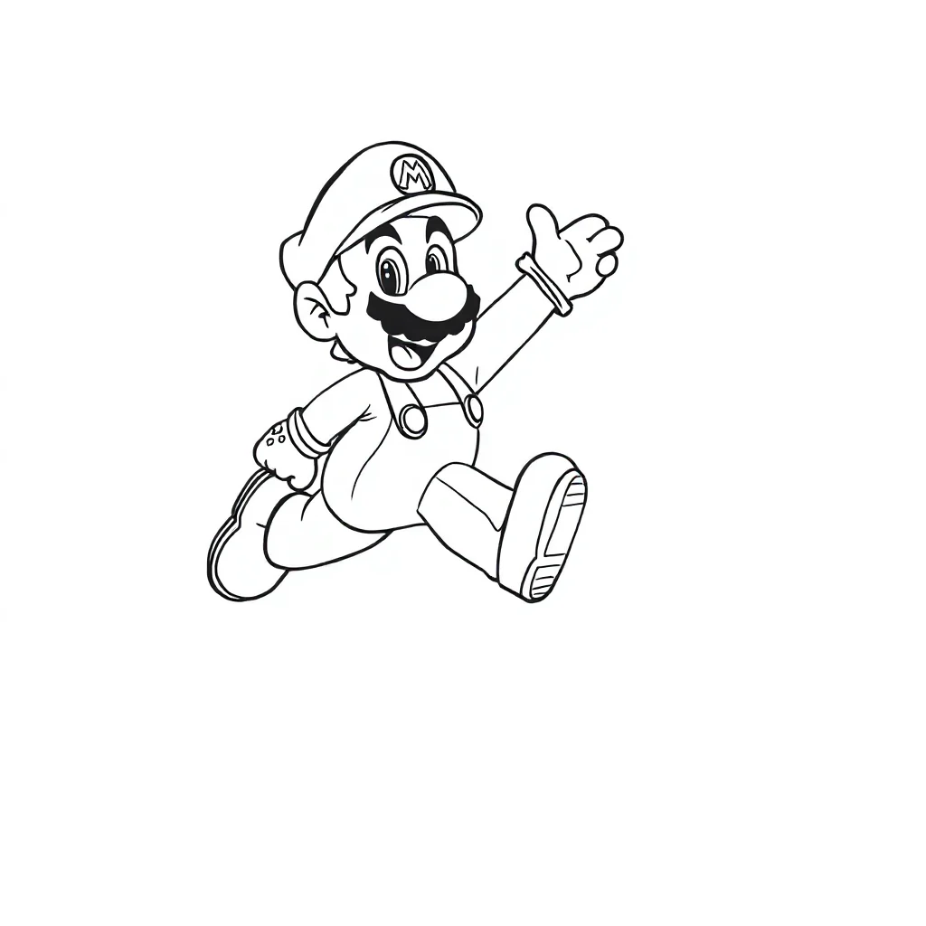 Mario super mario running happily leaping mid air — detailed super mario coloring page (ages 9+ & adults)