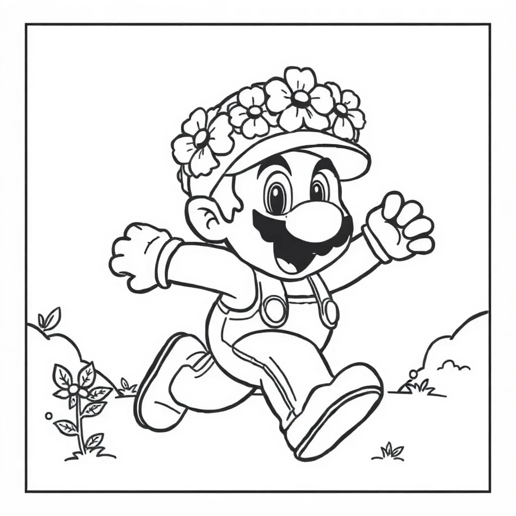 Mario super mario running happily wearing a flower crown — classic super mario coloring page (ages 5–10)