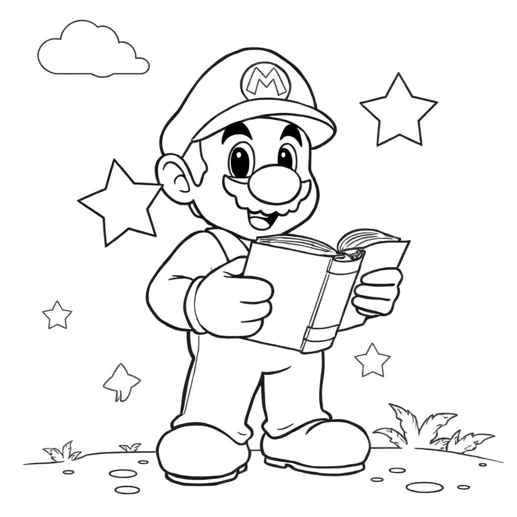 Mario super mario standing with a star reading a book — classic super mario coloring page (ages 5–10)