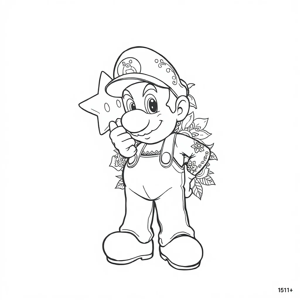 Mario super mario standing with a star sleeping curled up — detailed super mario coloring page (ages 9+ & adults)