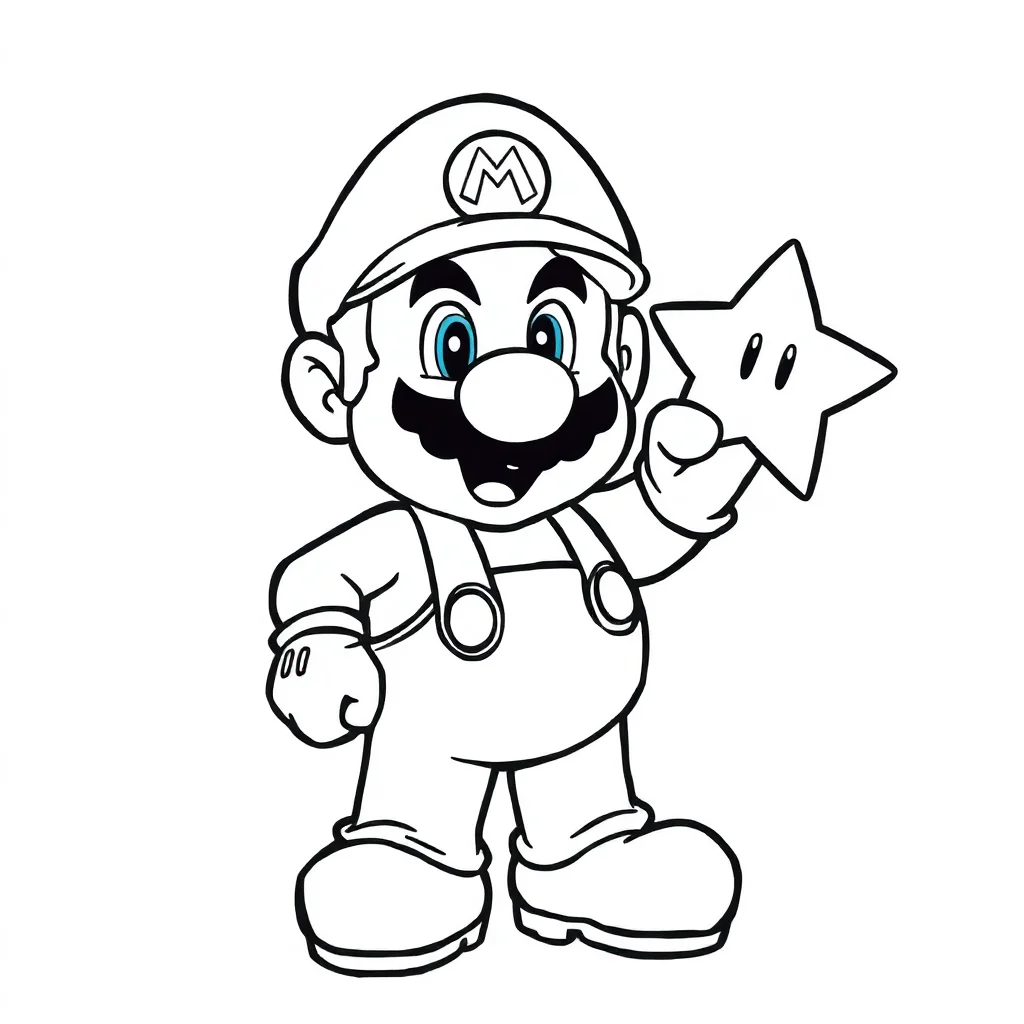 Mario super mario standing with a star — easy super mario coloring page (ages 2–5)