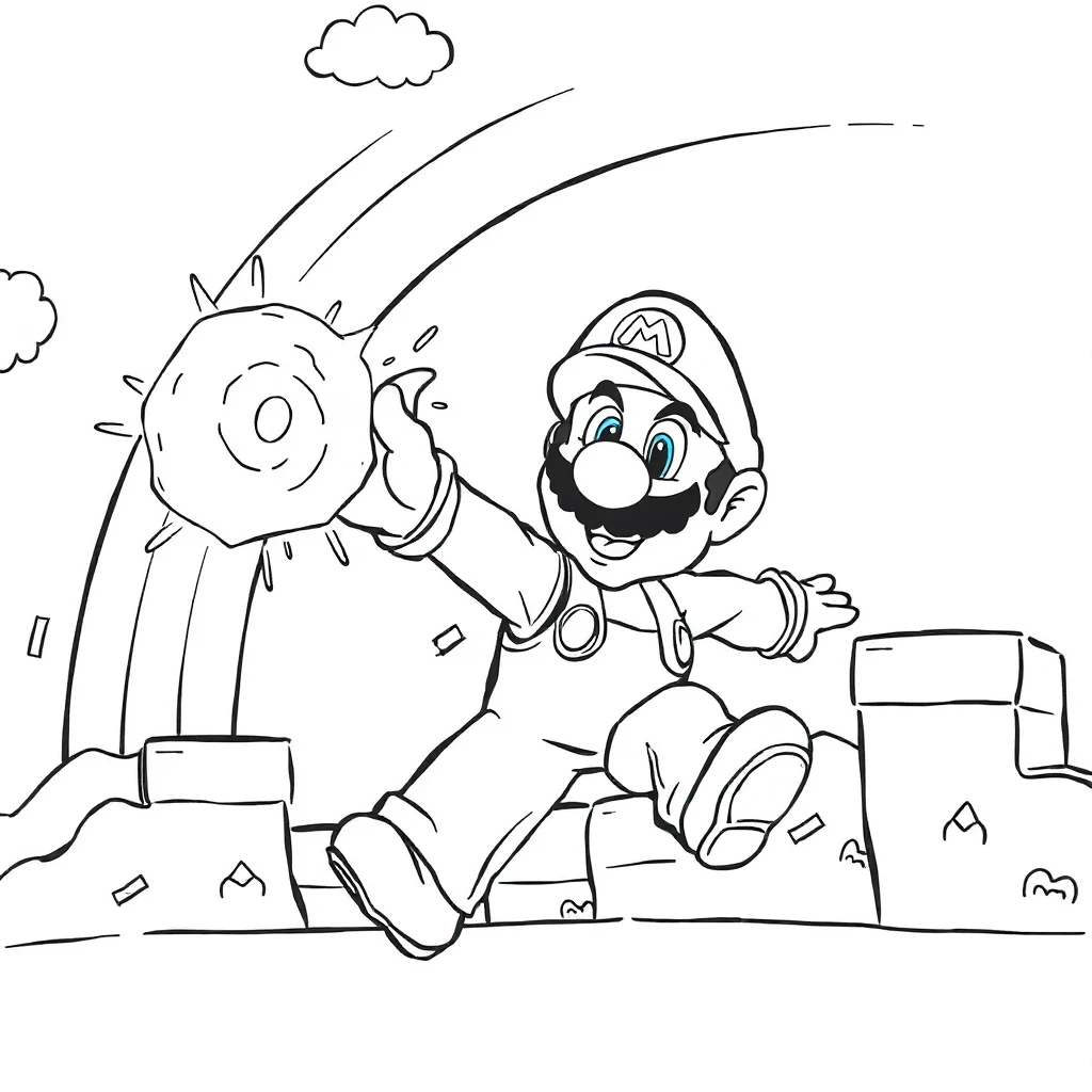 Mario super mario throwing a fireball under a rainbow — classic super mario coloring page (ages 5–10)