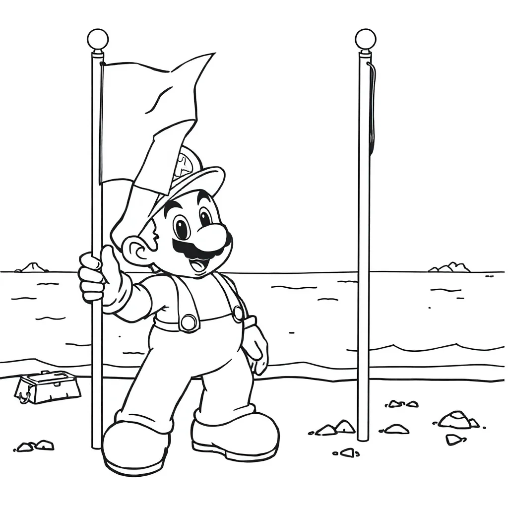 Mario super mario with a flagpole on the beach — classic super mario coloring page (ages 5–10)