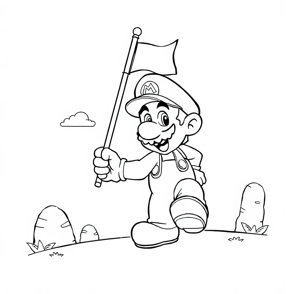 Mario super mario with a flagpole — classic super mario coloring page (ages 5–10)