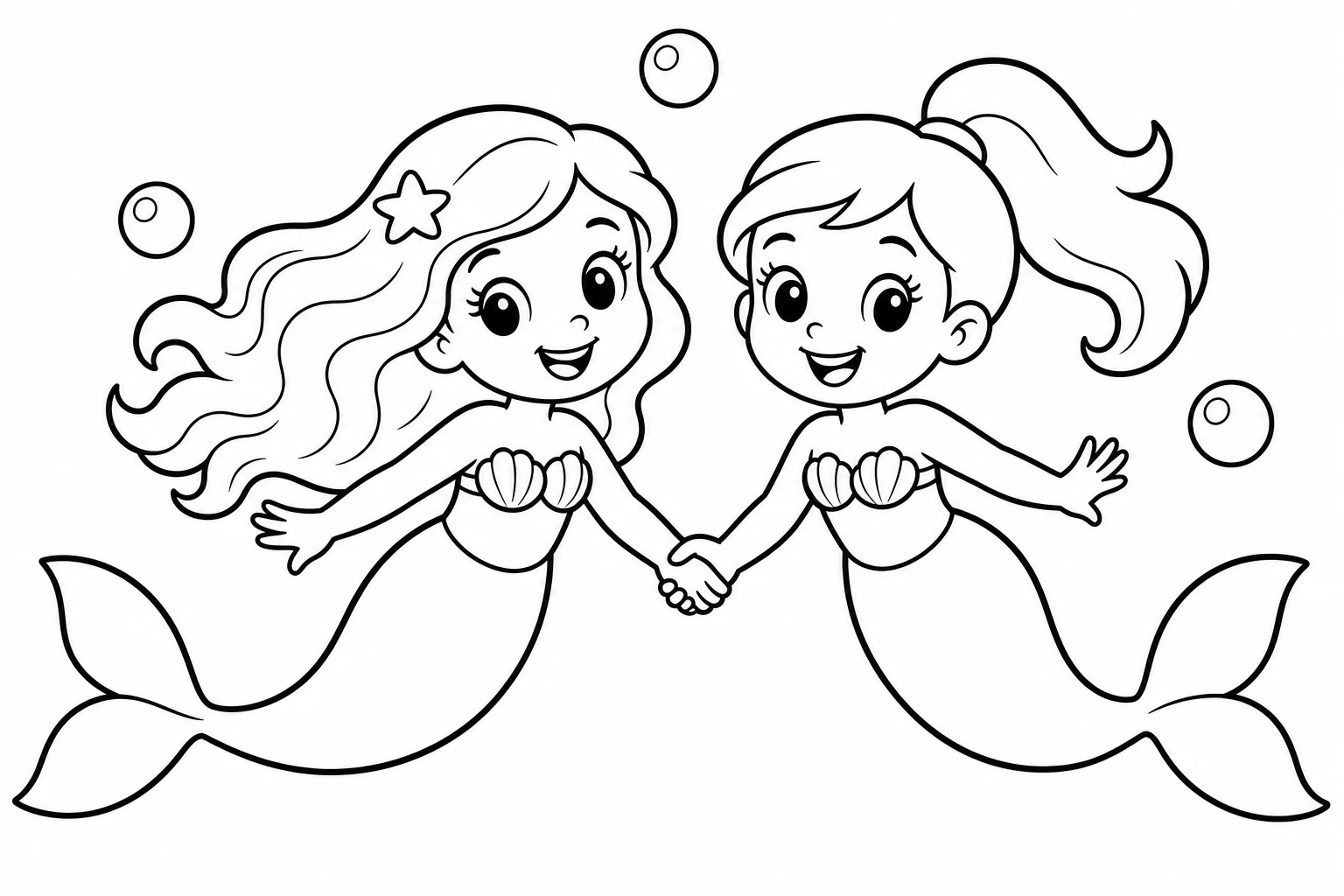 Mermaids best friends — easy mermaids coloring page (ages 2–5)