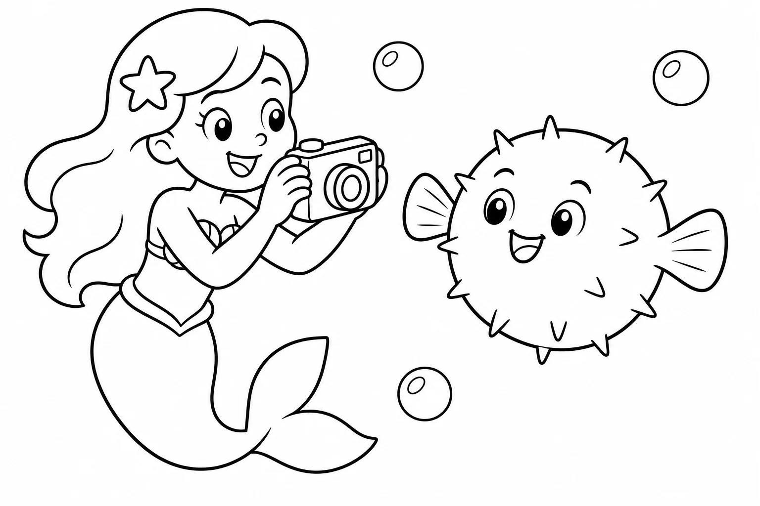Mermaids camera fish — easy mermaids coloring page (ages 2–5)