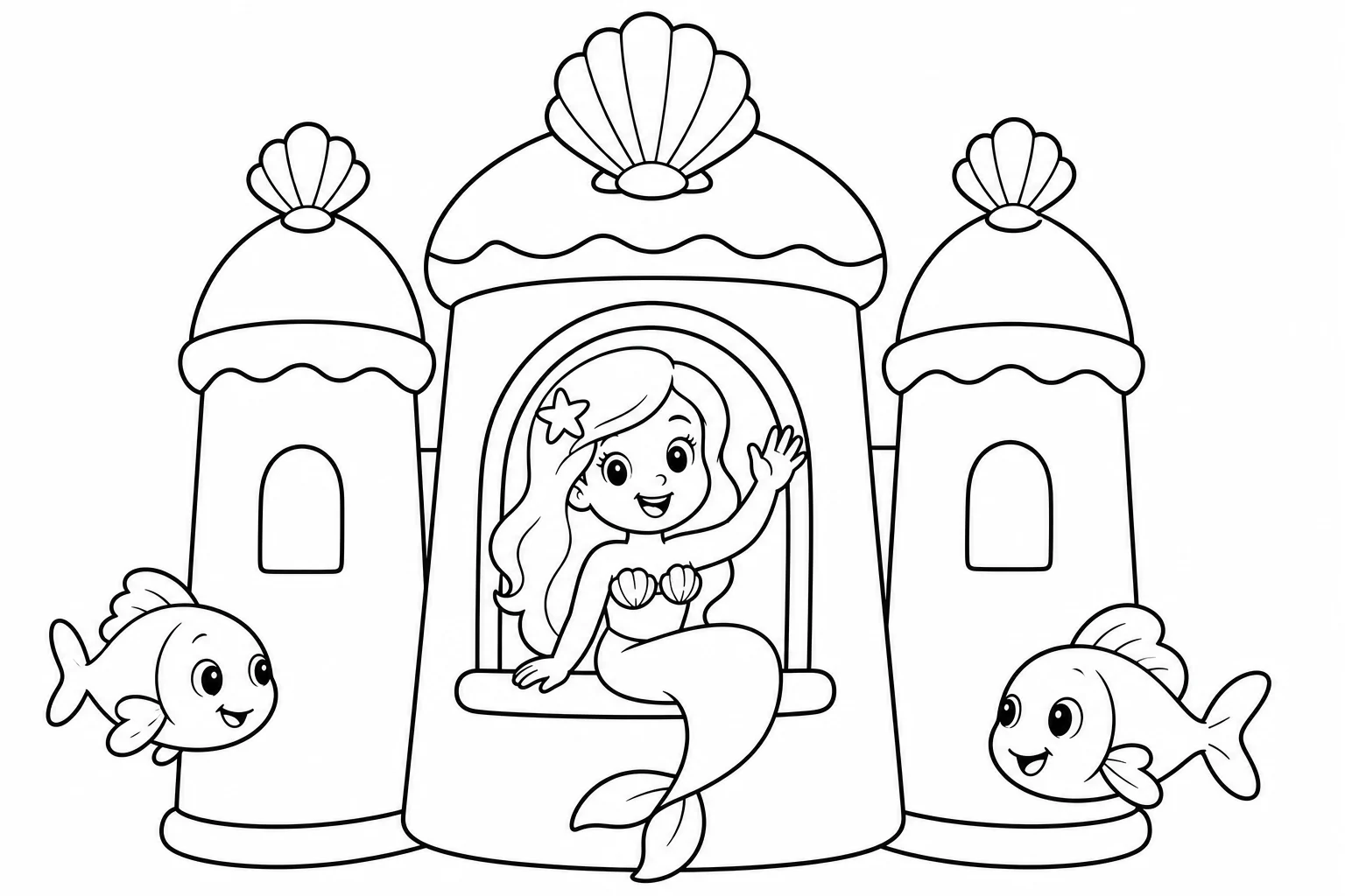 Mermaids castle window — easy mermaids coloring page (ages 2–5)