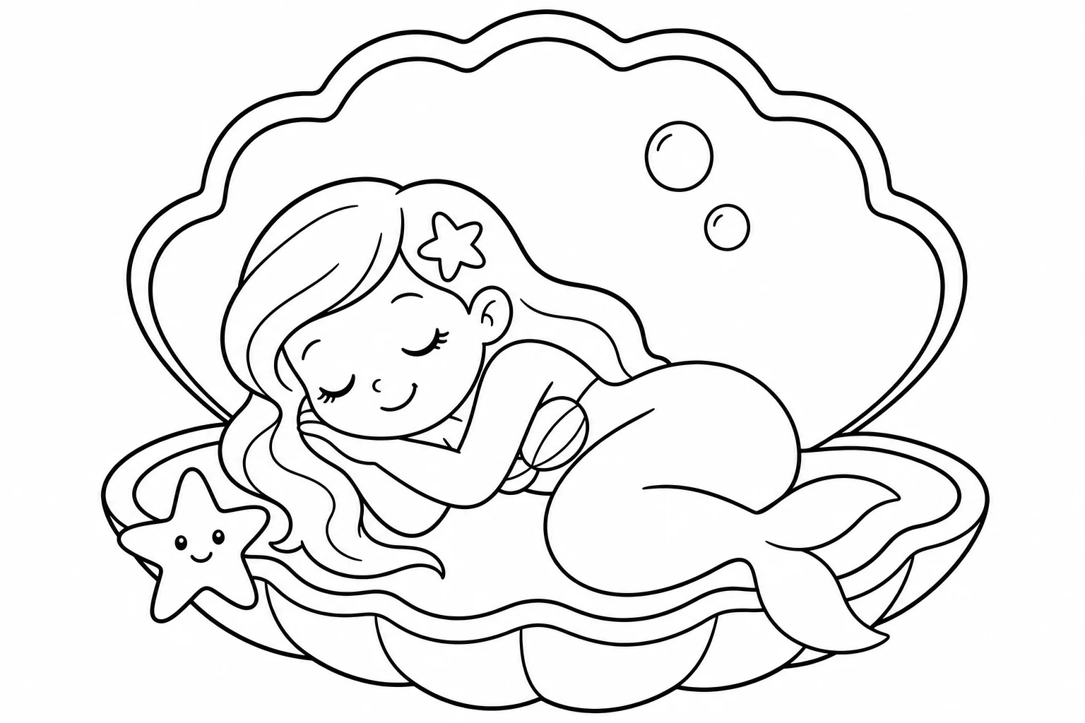 Mermaids clam nap — easy mermaids coloring page (ages 2–5)