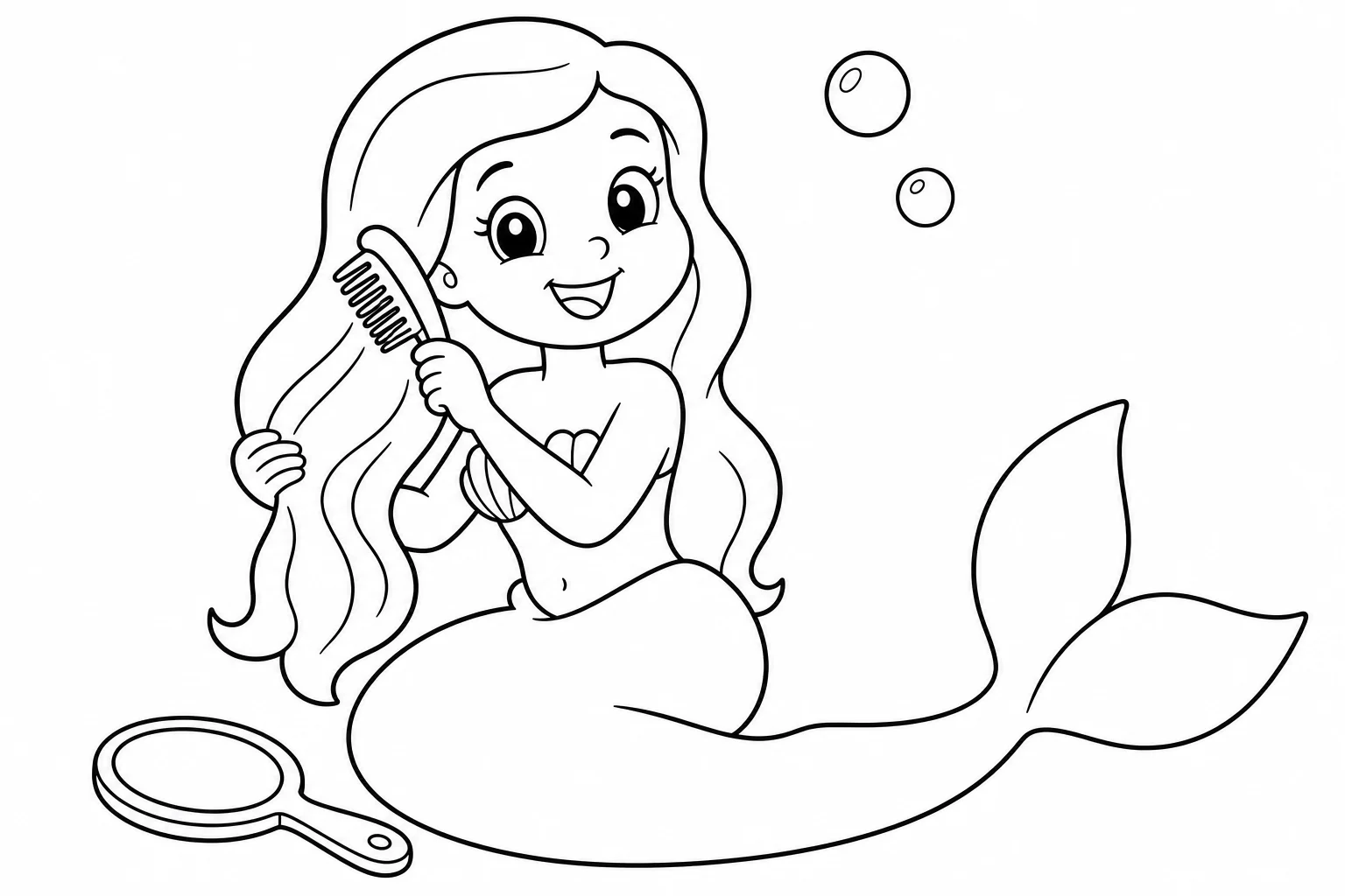 Mermaids combing hair — easy mermaids coloring page (ages 2–5)
