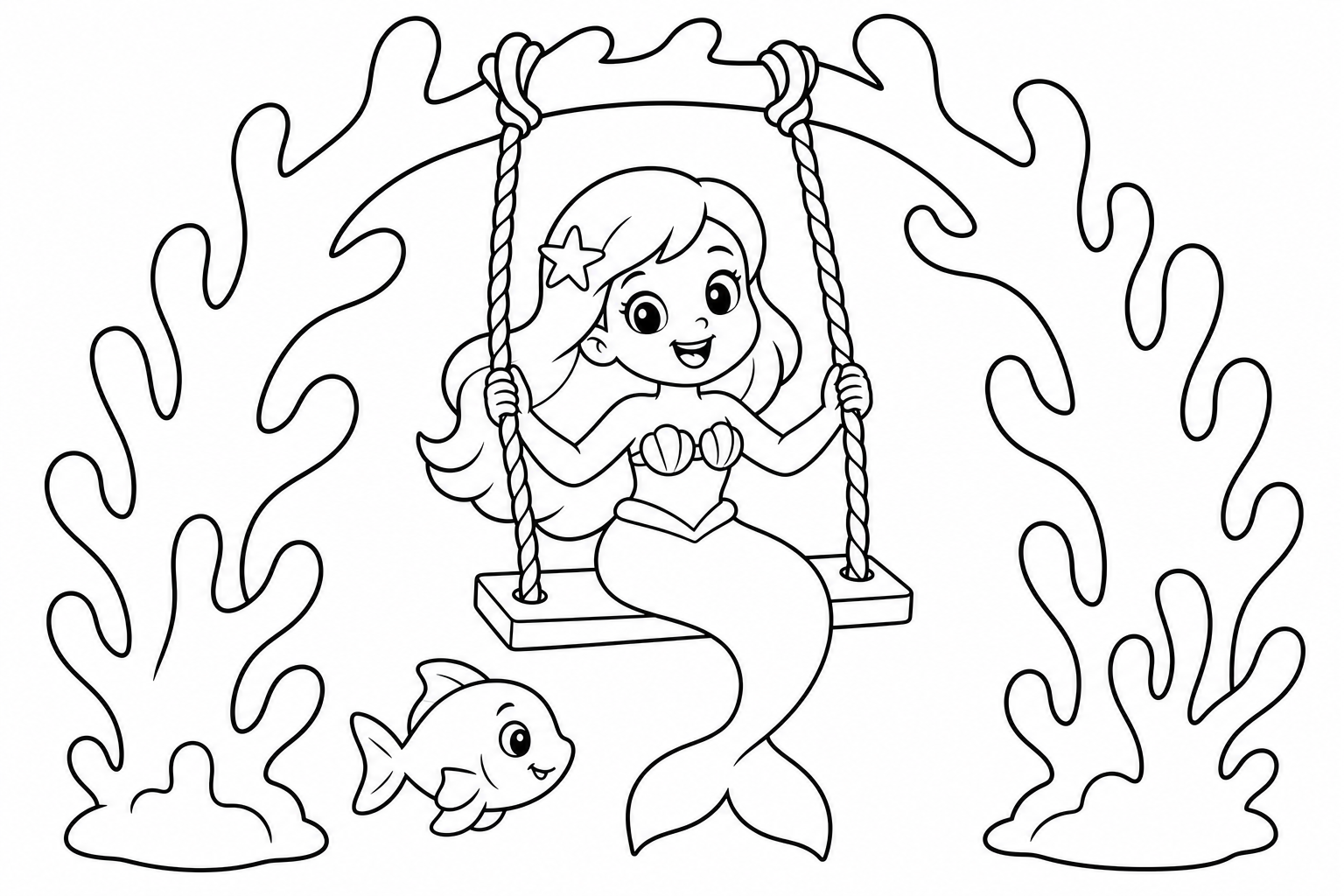 Mermaids coral swing — easy mermaids coloring page (ages 2–5)