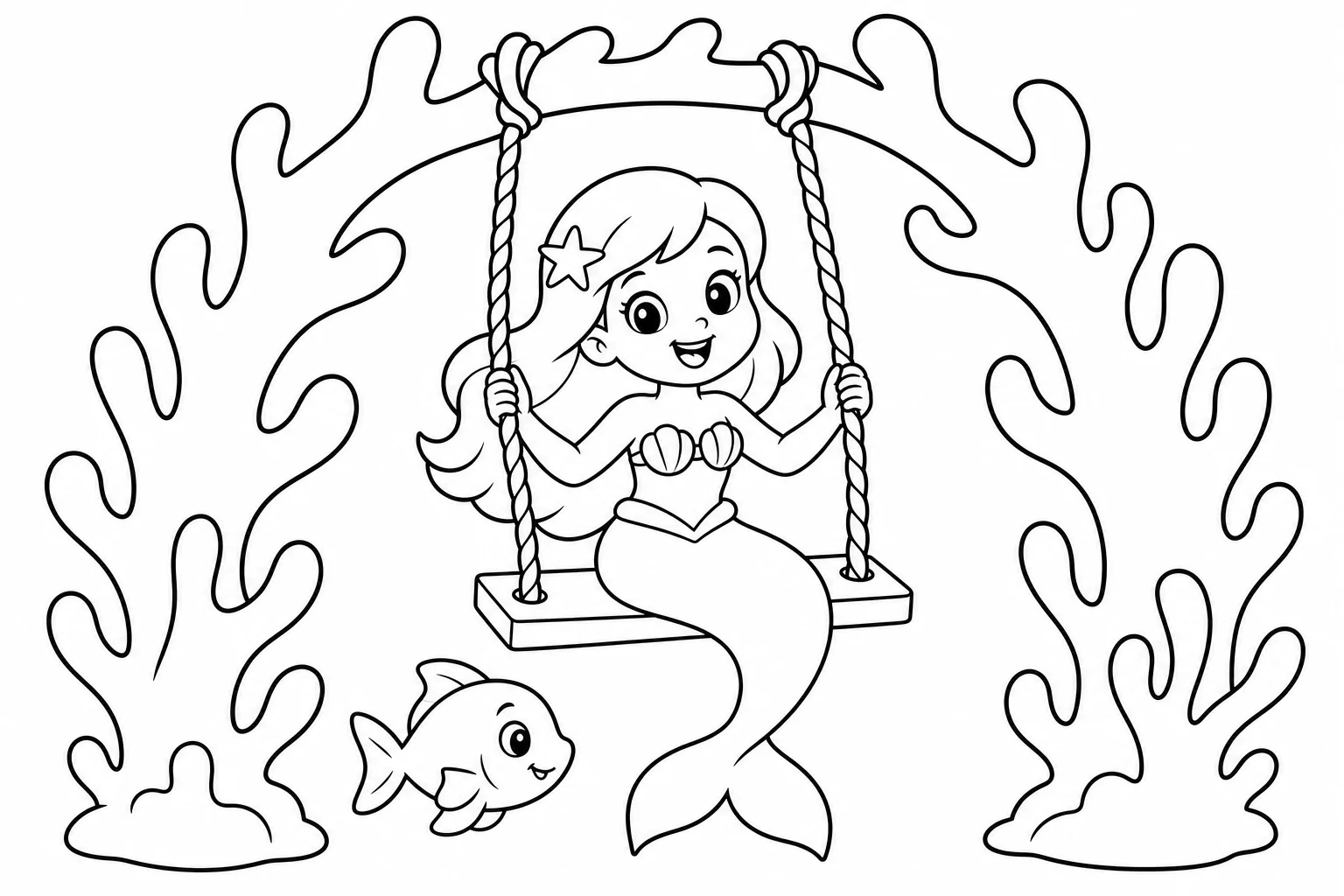 Mermaids coral swing — easy mermaids coloring page (ages 2–5)