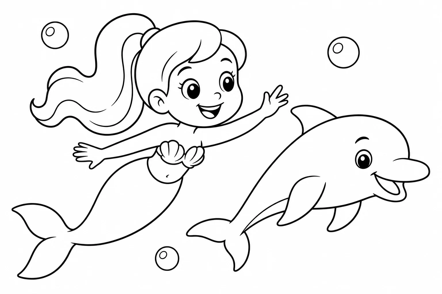 Mermaids dolphin friend — easy mermaids coloring page (ages 2–5)