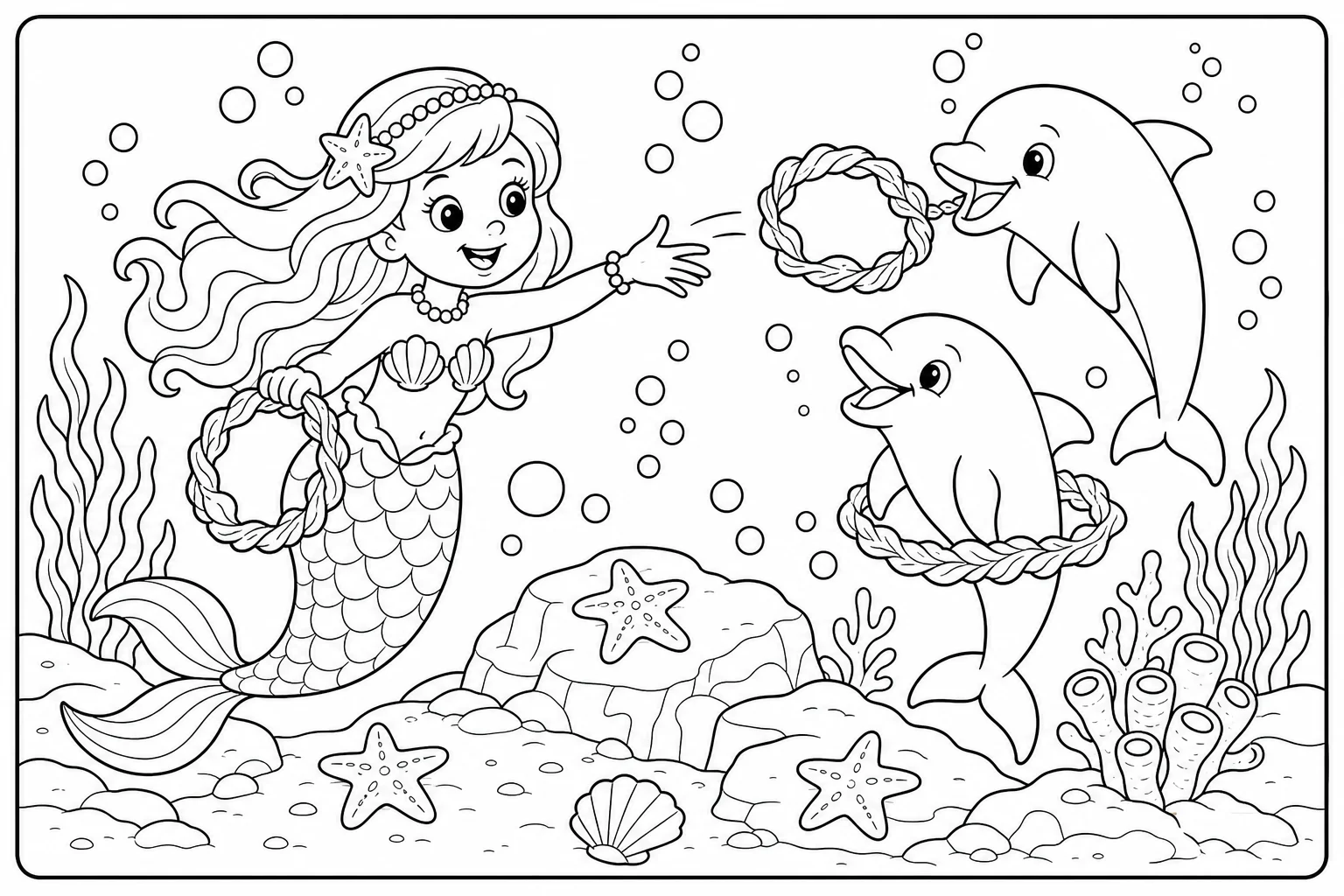 Mermaids dolphin play — classic mermaids coloring page (ages 5–10)