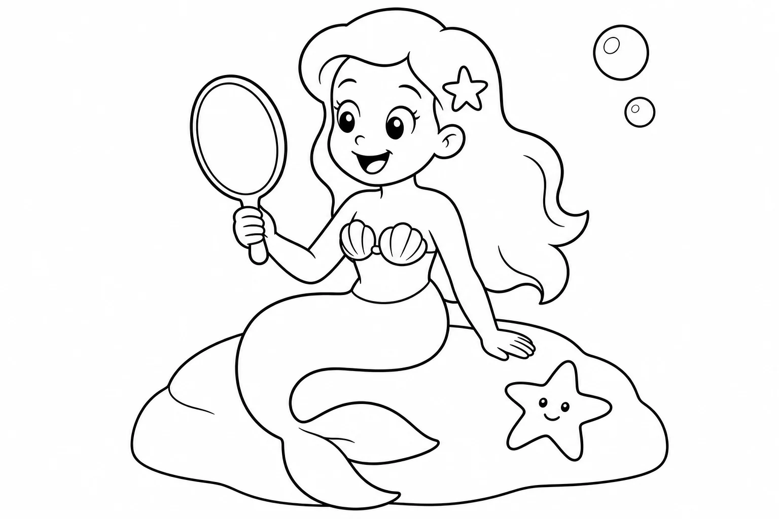 Mermaids hand mirror — easy mermaids coloring page (ages 2–5)
