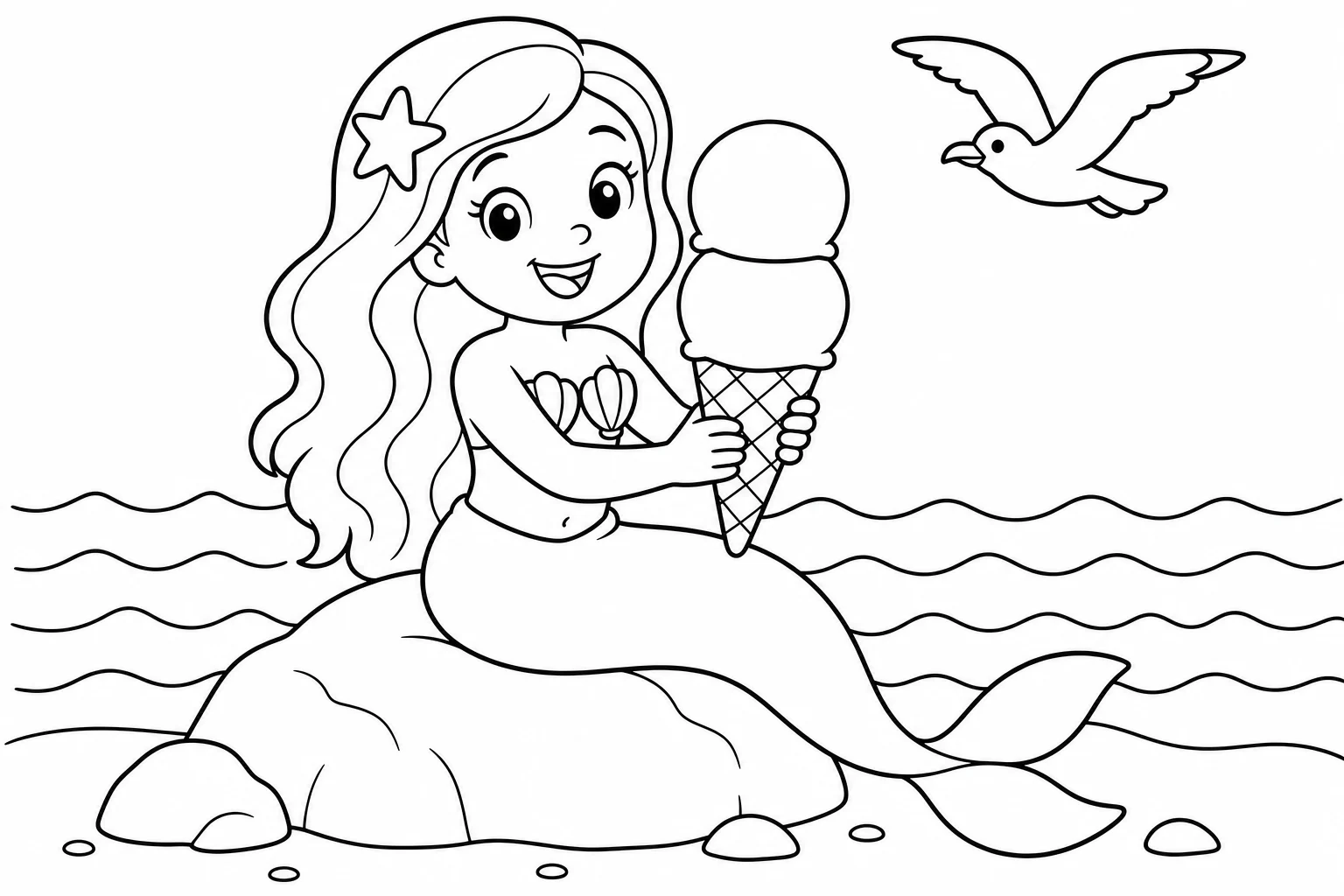 Mermaids ice cream — easy mermaids coloring page (ages 2–5)