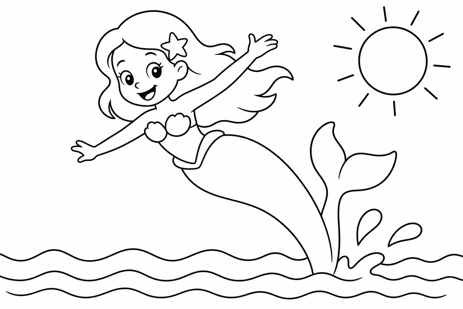 Mermaids jumping waves — easy mermaids coloring page (ages 2–5)