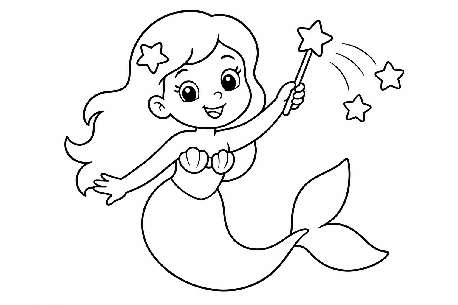 Mermaids magic wand — easy mermaids coloring page (ages 2–5)