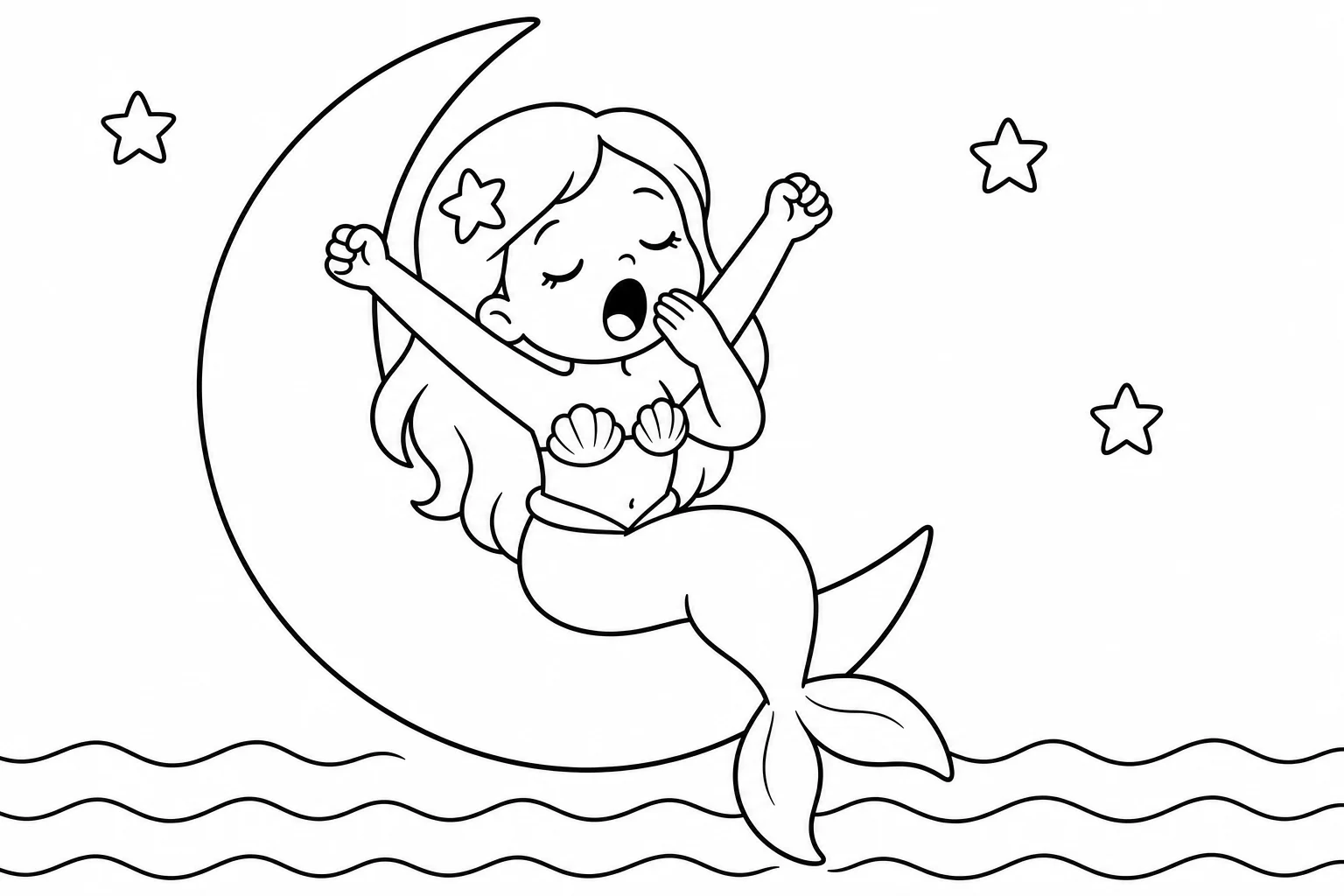 Mermaids moon dream — easy mermaids coloring page (ages 2–5)