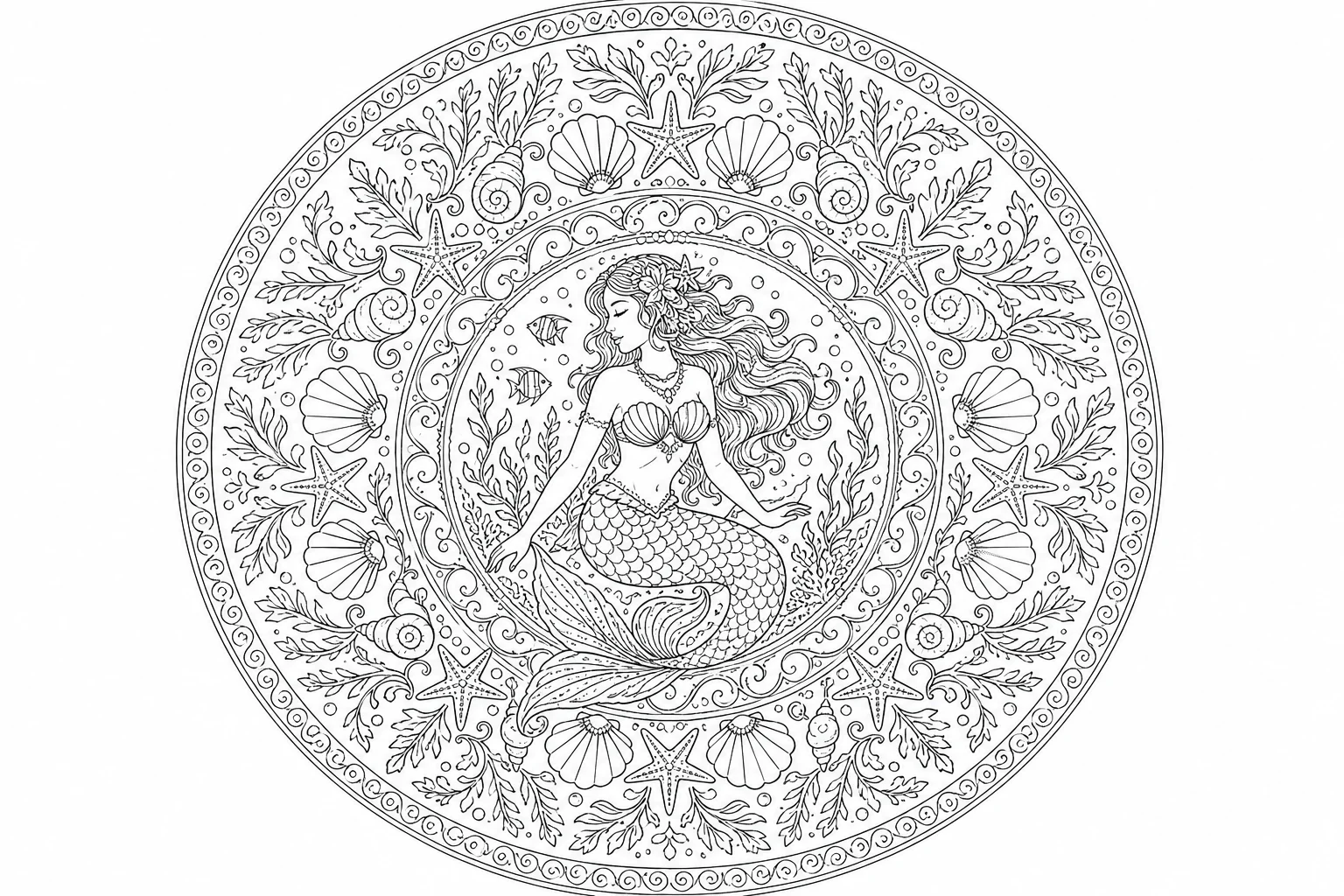 Mermaids ocean mandala — detailed mermaids coloring page (ages 9+ & adults)