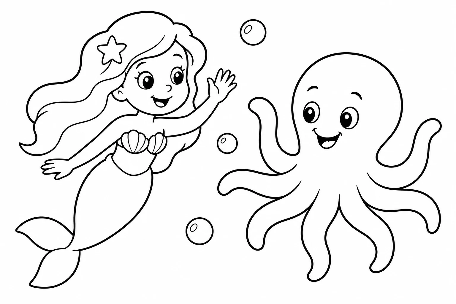 Mermaids octopus friend — easy mermaids coloring page (ages 2–5)