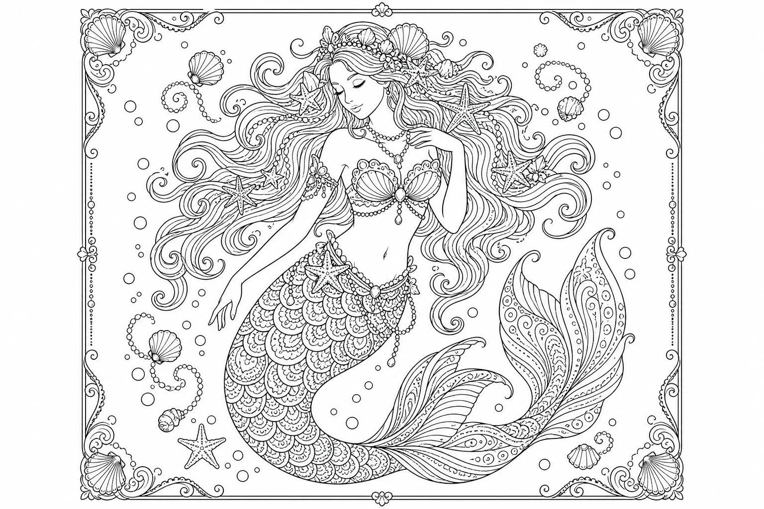 Mermaids ornate tail — detailed mermaids coloring page (ages 9+ & adults)