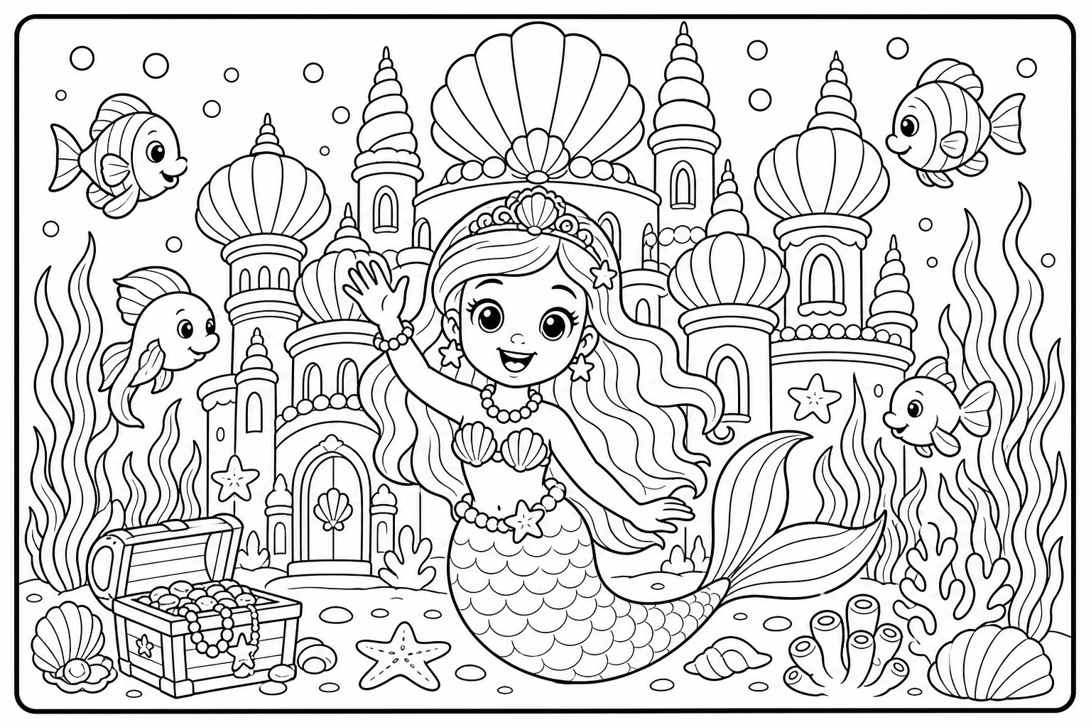 Mermaids palace visit — classic mermaids coloring page (ages 5–10)