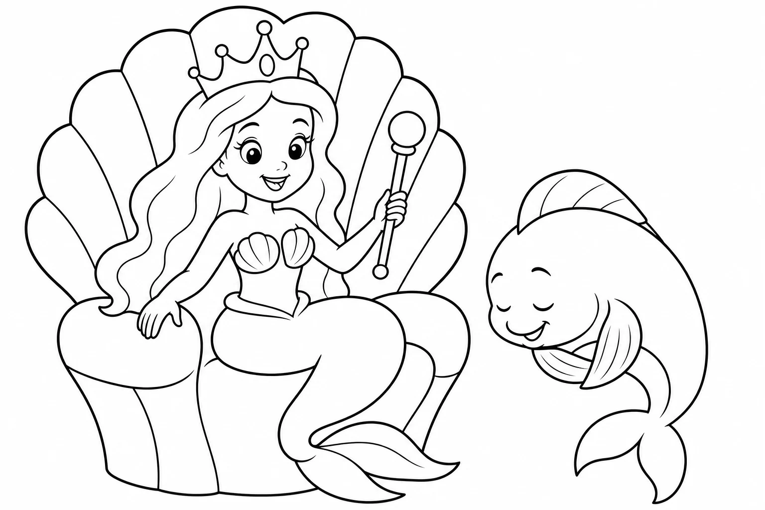 Mermaids queen throne — easy mermaids coloring page (ages 2–5)