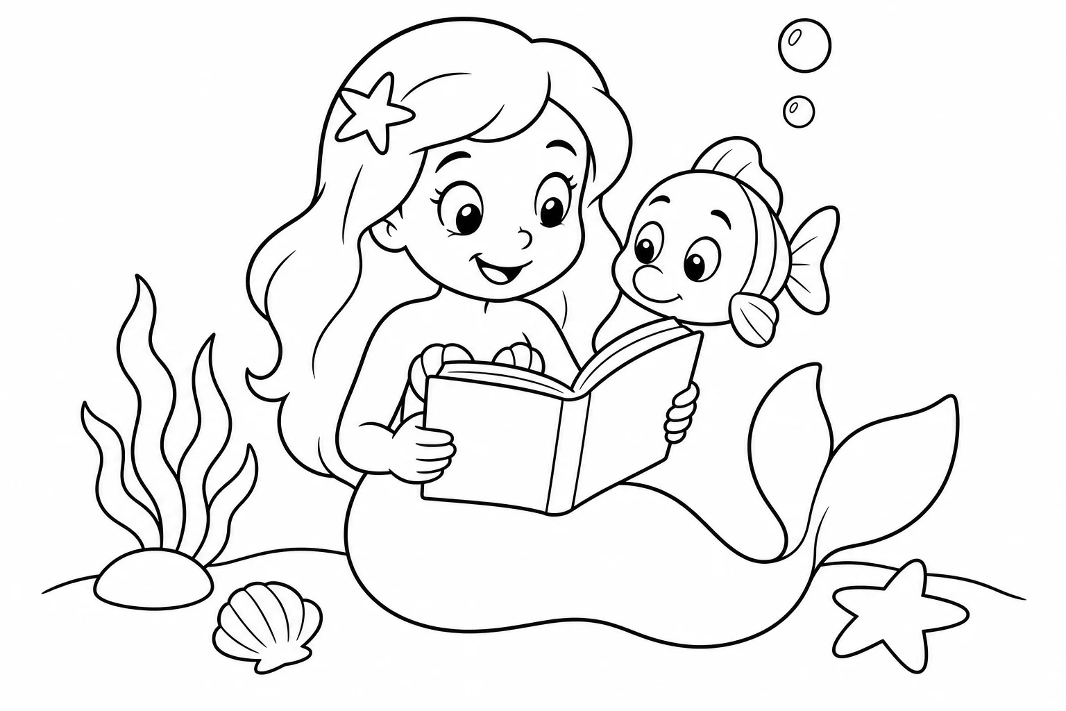 Mermaids reading book — easy mermaids coloring page (ages 2–5)