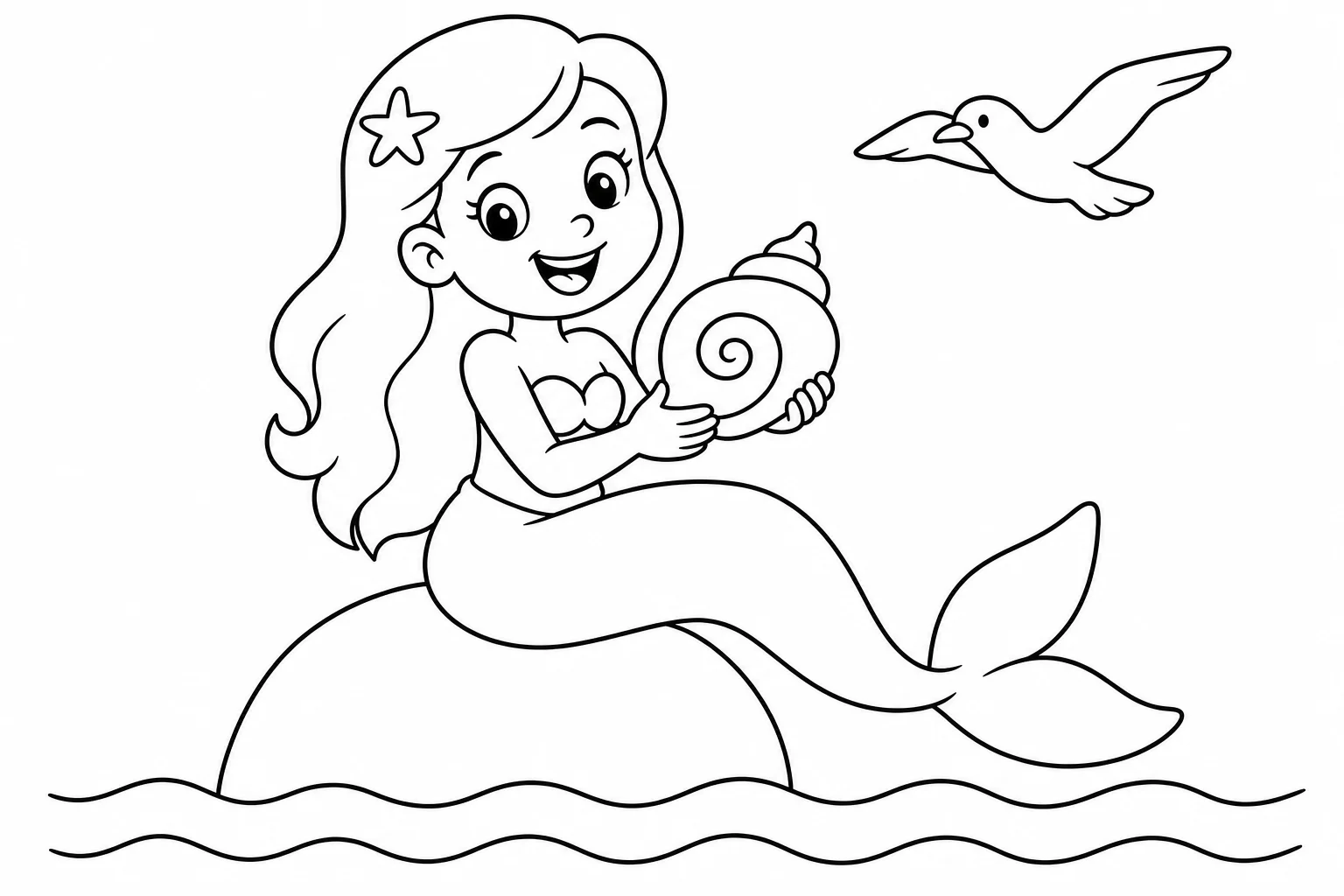 Mermaids rock shell — easy mermaids coloring page (ages 2–5)