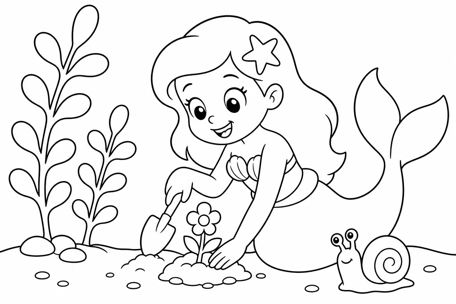 Mermaids sea garden — easy mermaids coloring page (ages 2–5)