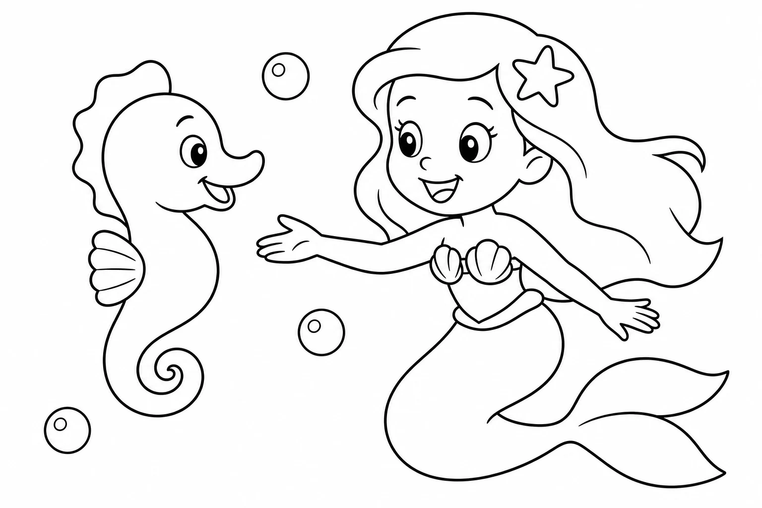 Mermaids seahorse play — easy mermaids coloring page (ages 2–5)