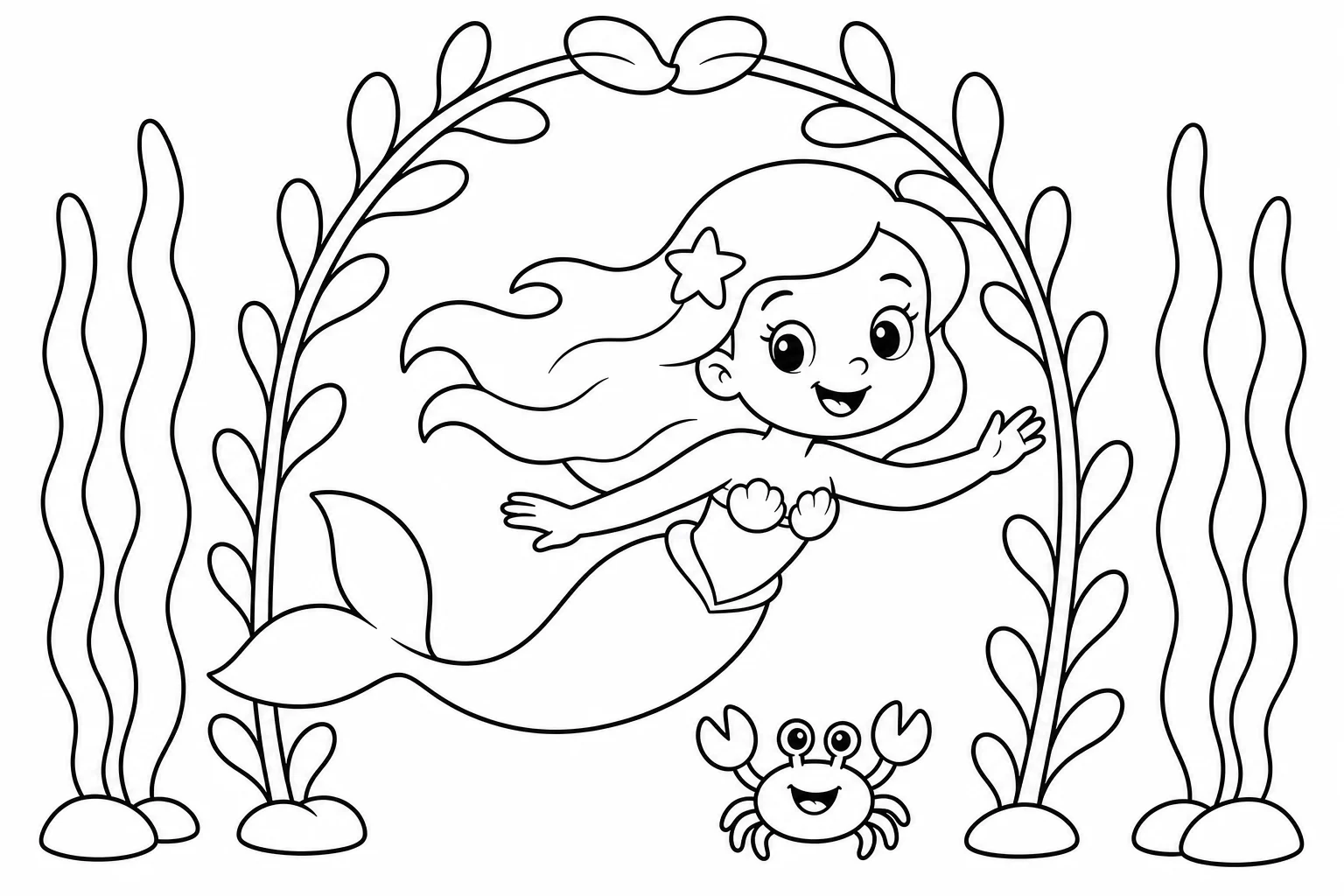 Mermaids seaweed swim — easy mermaids coloring page (ages 2–5)